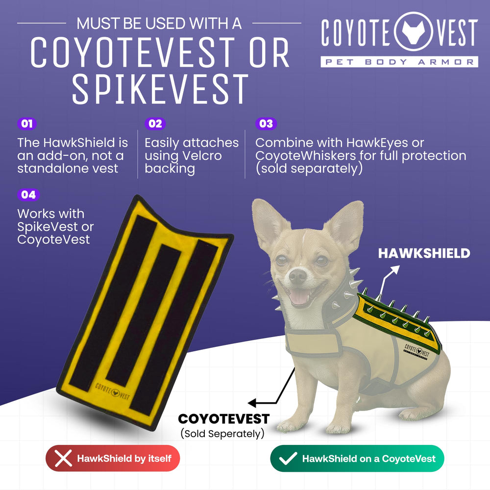 CoyoteVest HawkShield disponible en tallas para arnés de perro.
