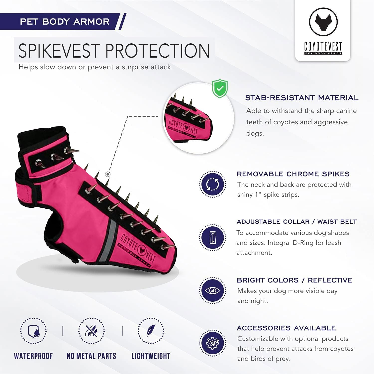 CoyoteVest SpikeVest es impermeable para uso durante todo el año.