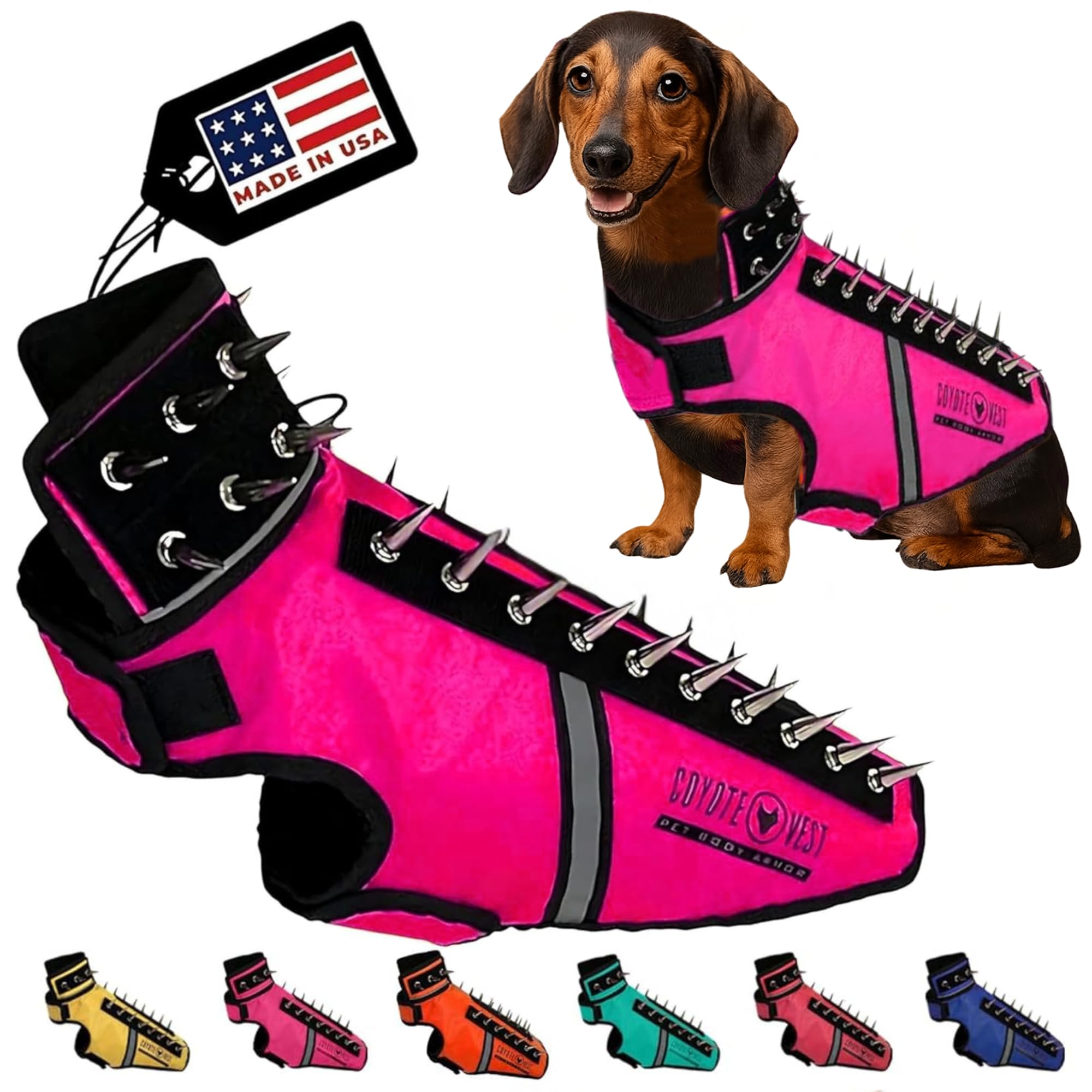 CoyoteVest SpikeVest para perros pequeños, enfoque en el ajuste del collar para mayor comodidad.