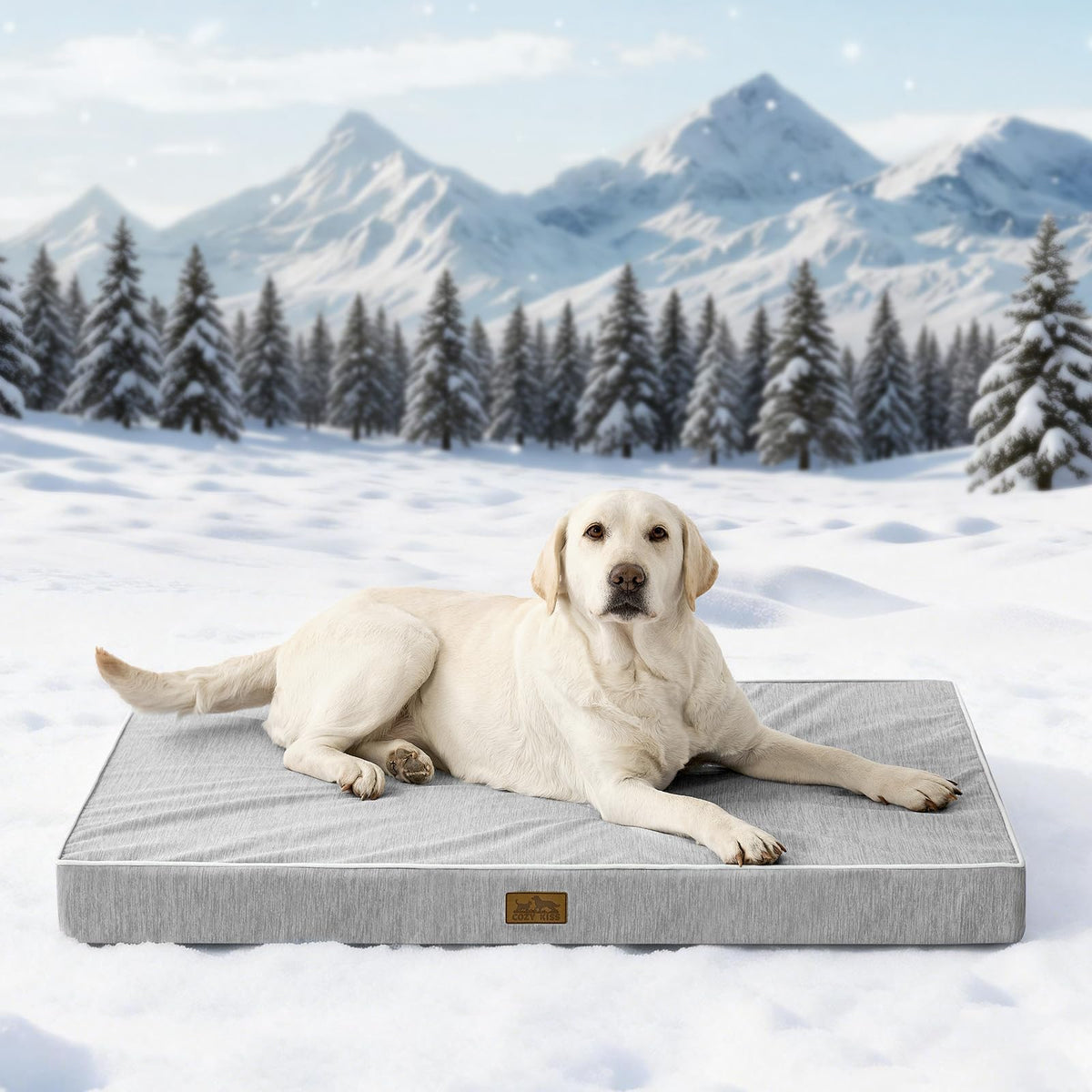 Cama ortopédica COZY KISS con tejido enfriante para perros grandes, ideal en días cálidos.