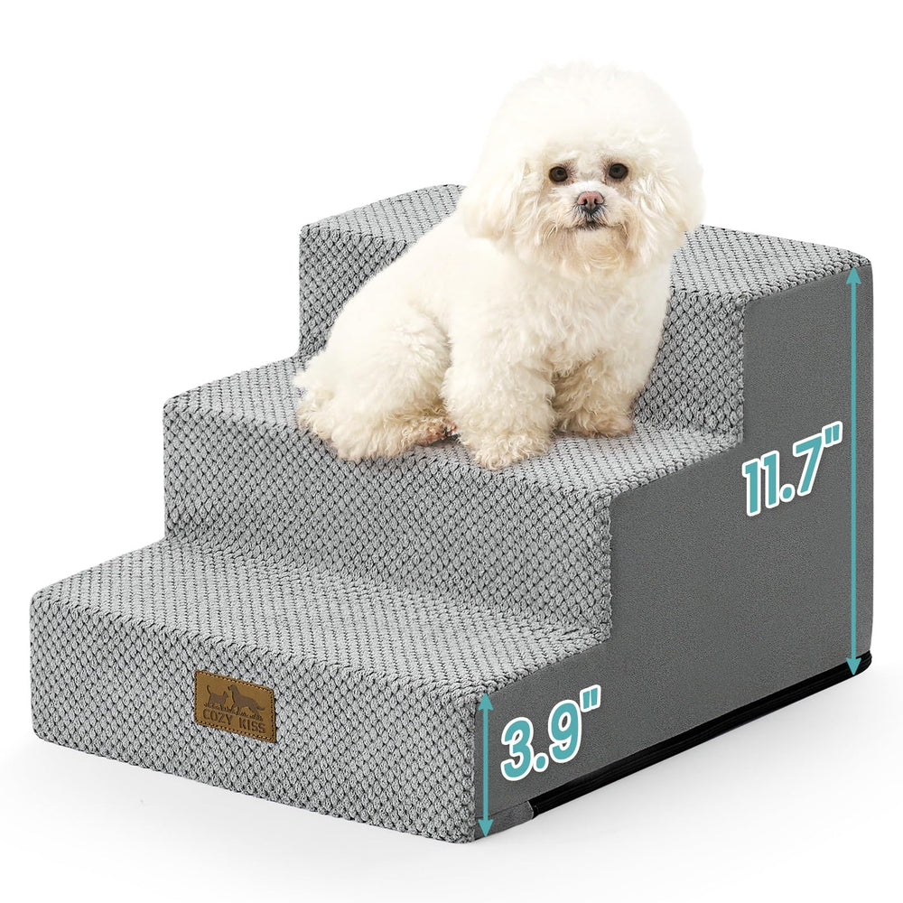 COZY KISS escalera para perros con tres pasos frente al sofá para subir con seguridad