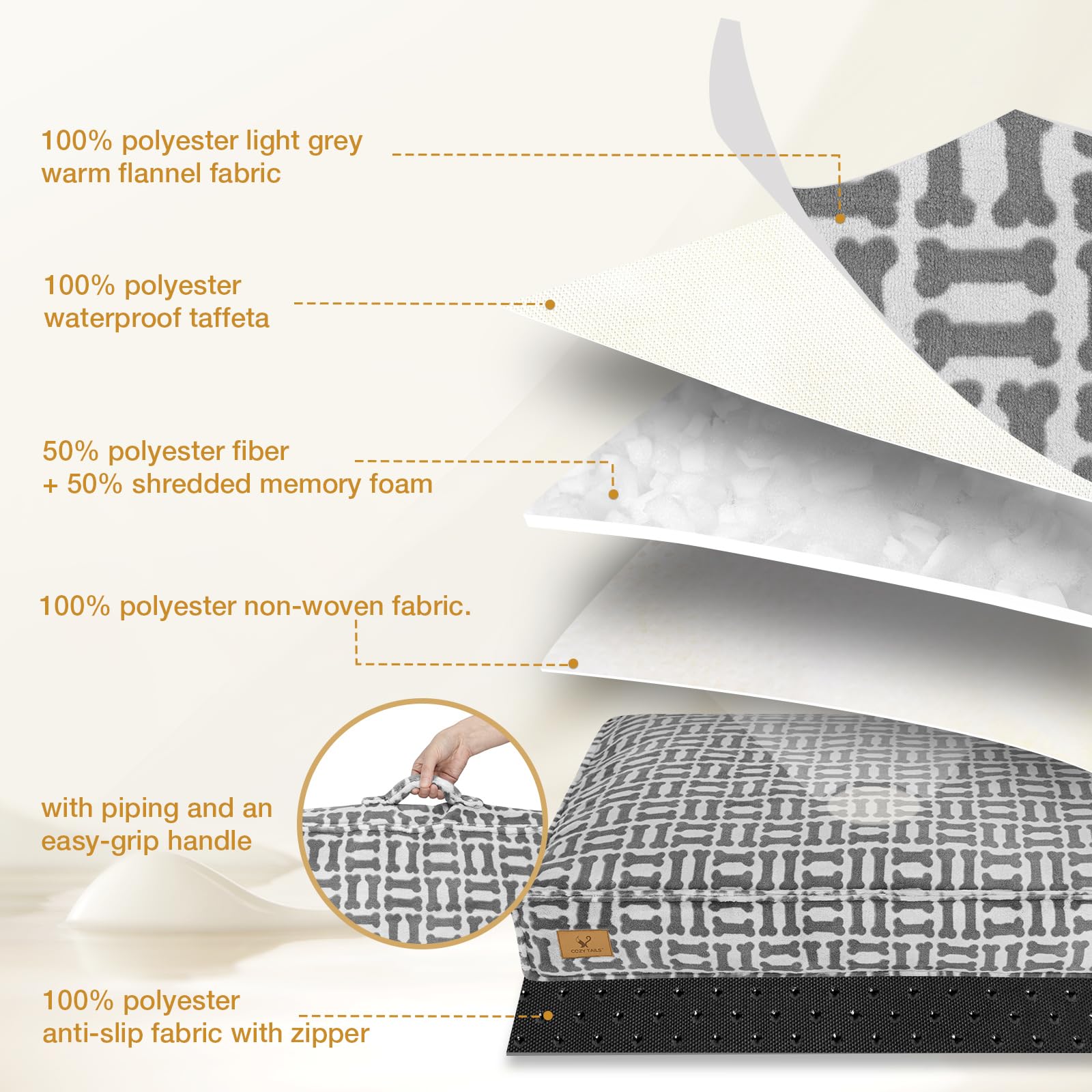 Cama Cozy Tails, cara de franela cálida para noches frías.