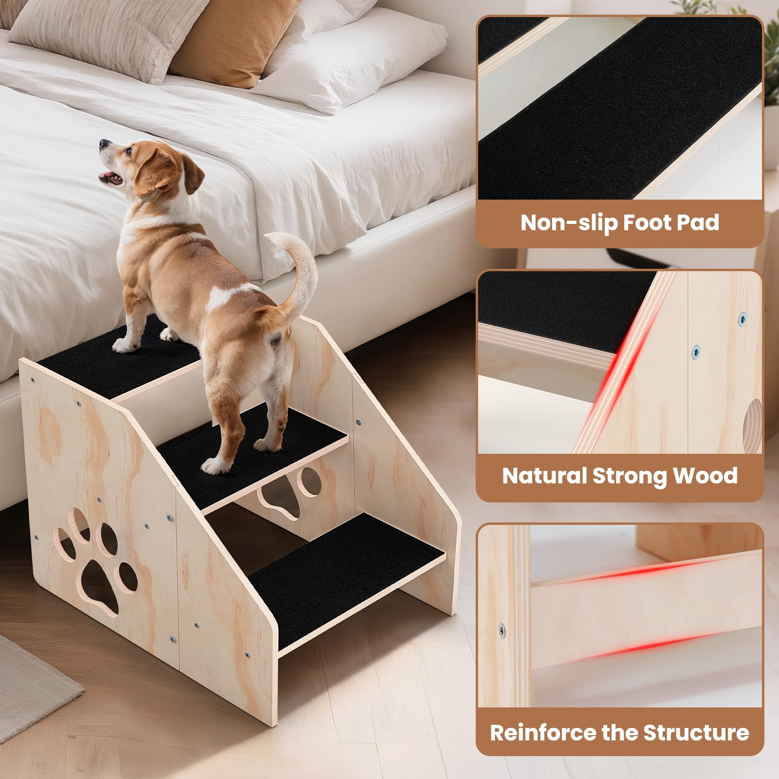 CozyLazy Escaleras para perros: vista lateral muestra estabilidad en cualquier piso.