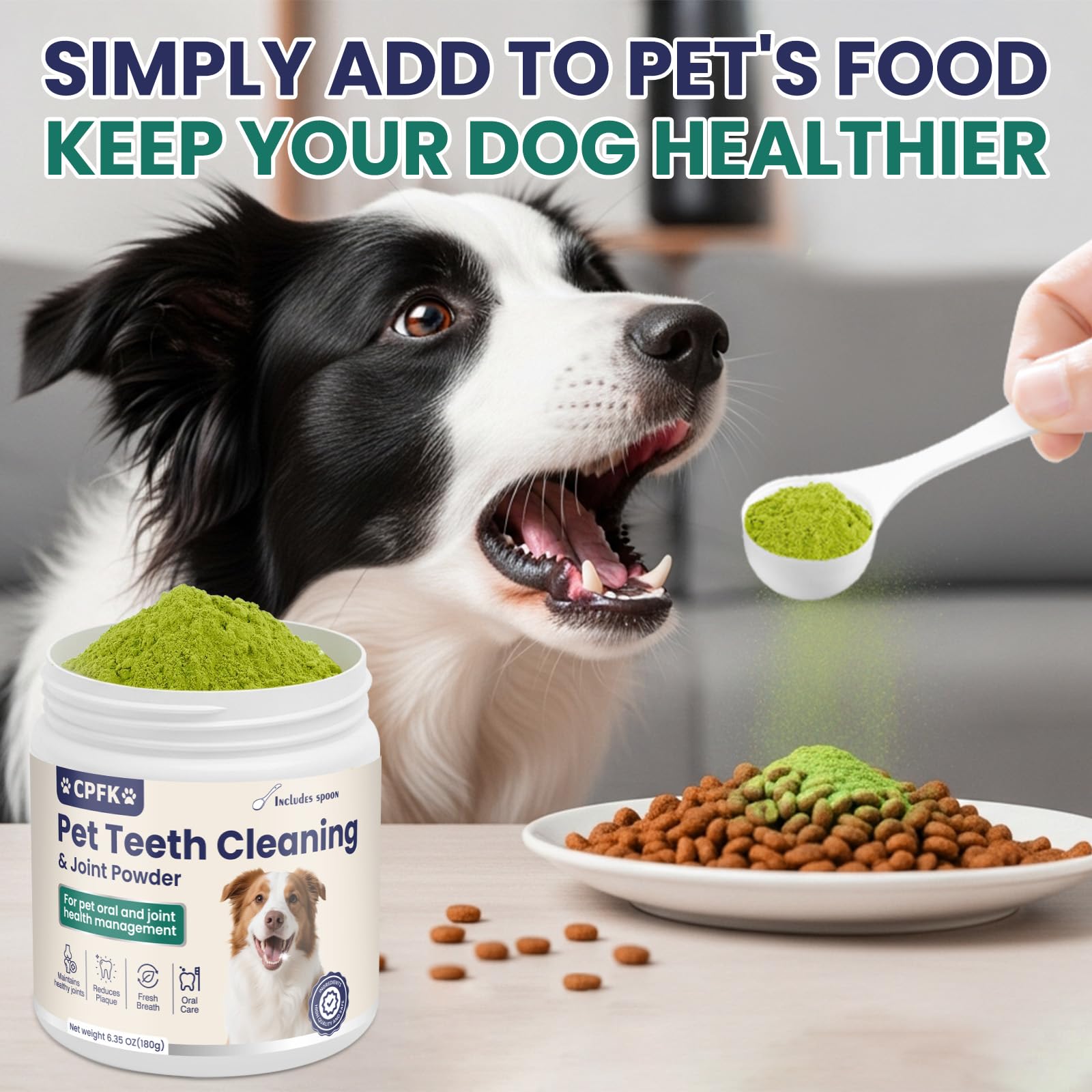 Ingredientes naturales de CPFK polvo dental para perros sin colorantes artificiales.