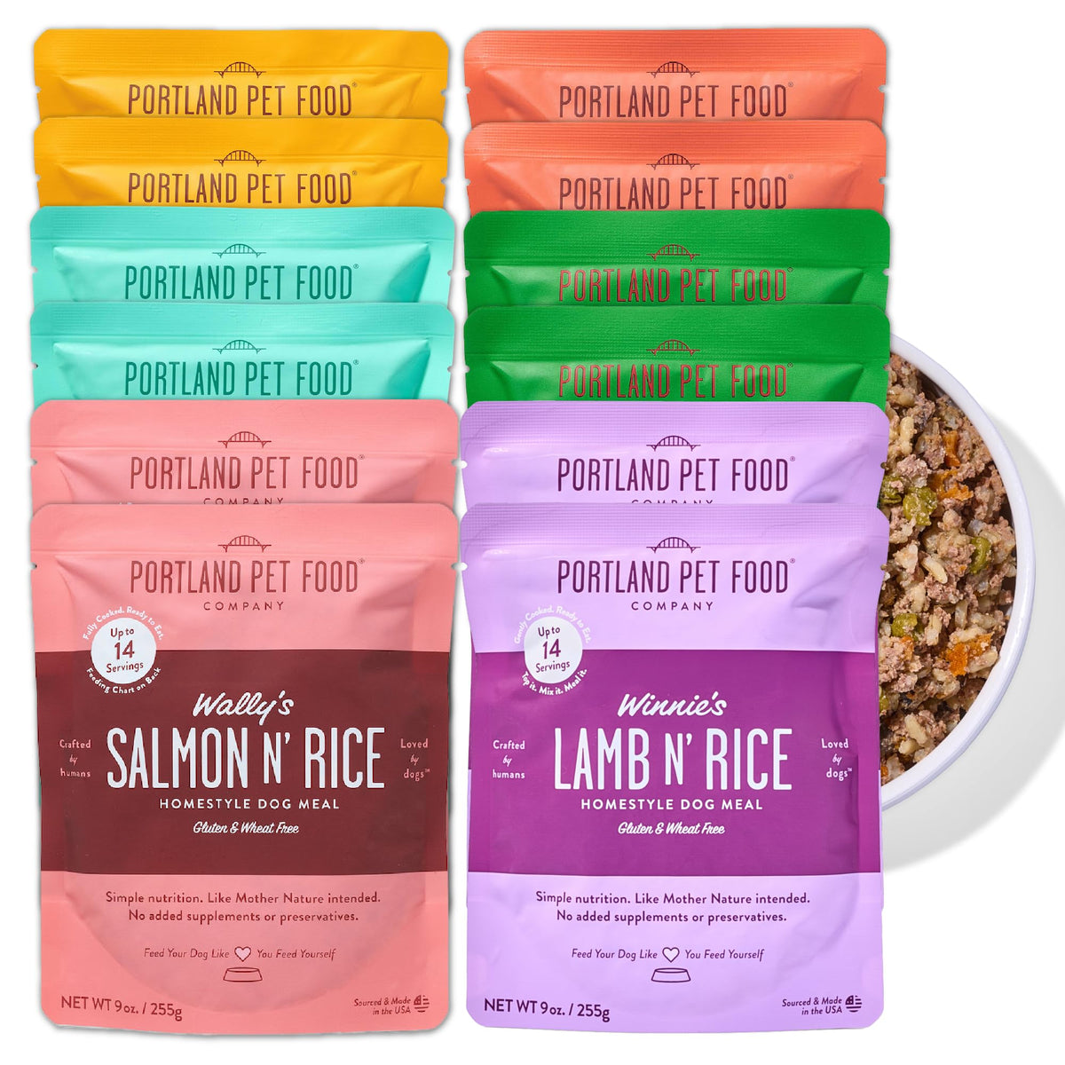 Bolsas Salmón y Arroz de Portland Pet Food Company, ideal como topper nutritivo para perros selectivos