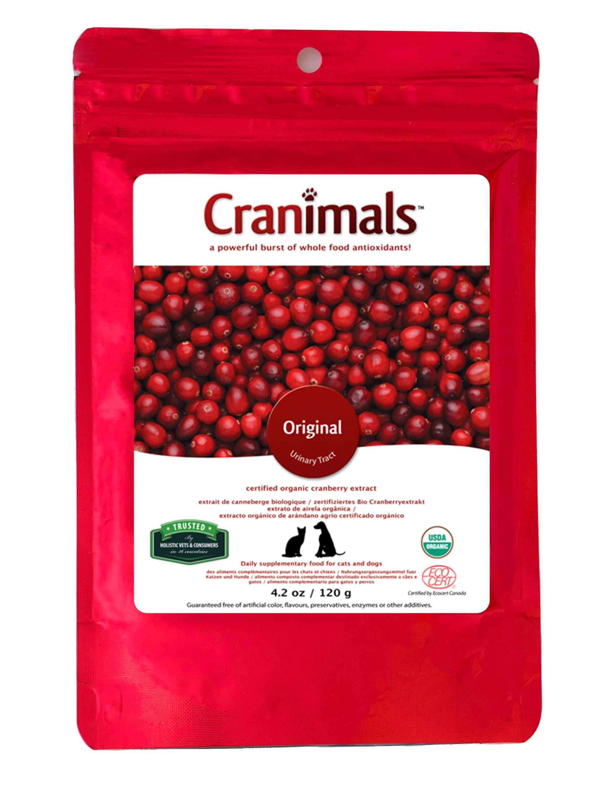 Cranimals: botella de cranberry para apoyar la salud urinaria de mascotas.