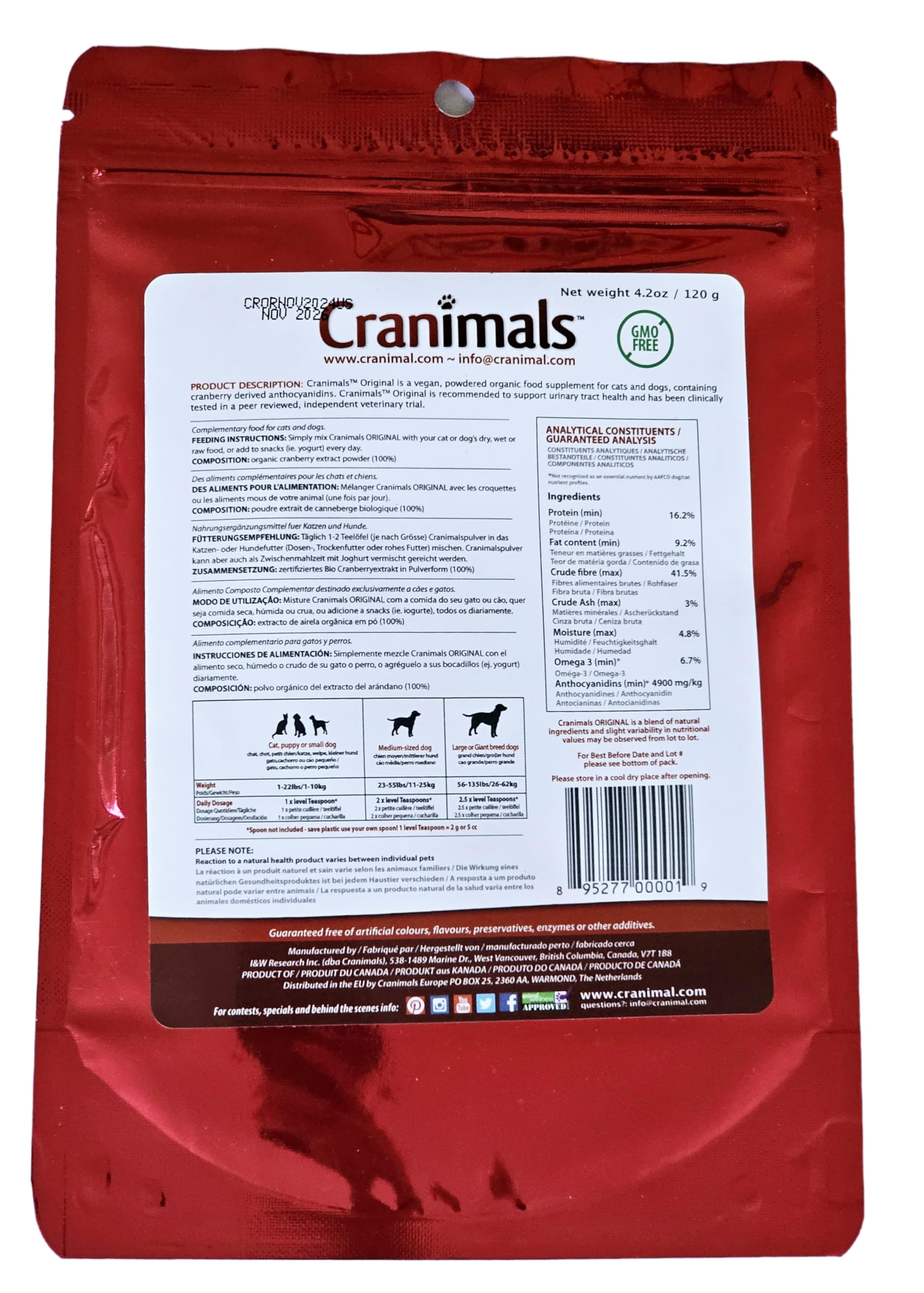 Cranimals: polvo de cranberry, forma fácil de incorporar al alimento diario.