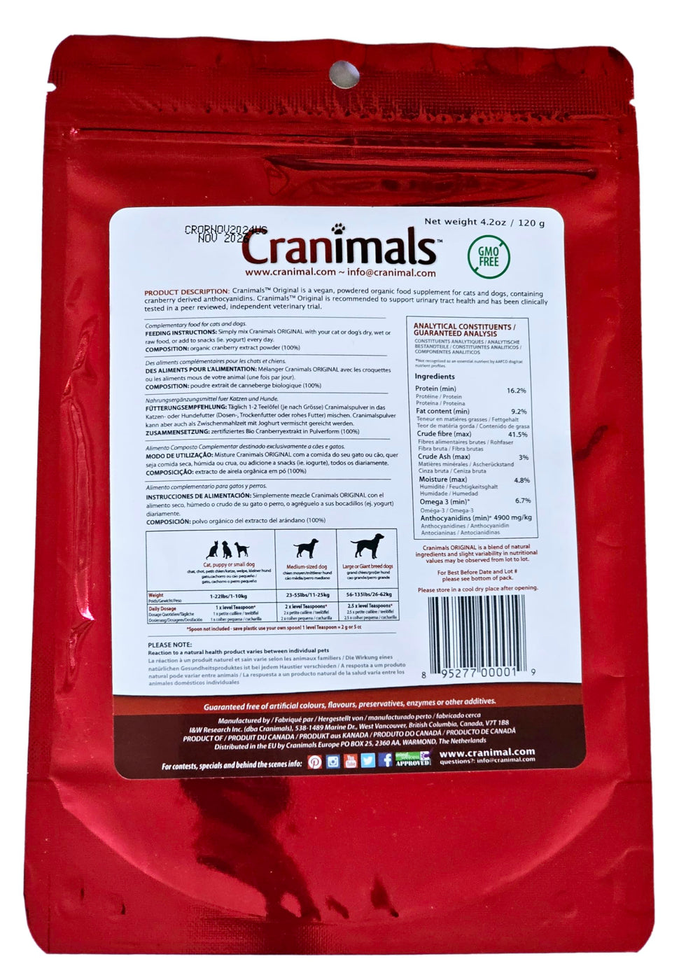Cranimals: polvo de cranberry, forma fácil de incorporar al alimento diario.