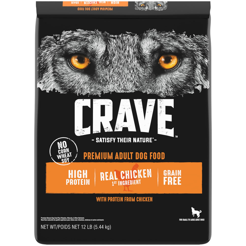 CRAVE alimento seco para perros adultos sin granos, sabor a carne y envase de 12 lb