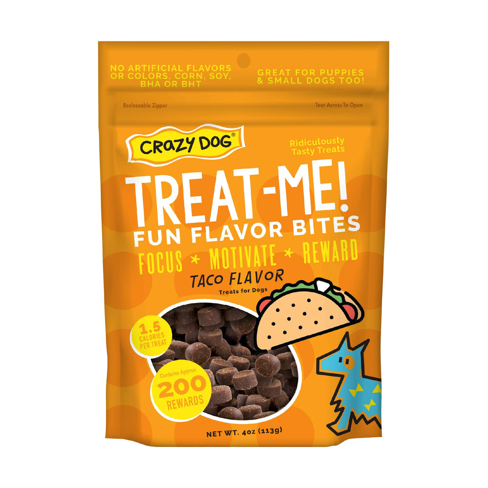 Crazy Dog Treat-Me! Mini Taco en empaque de 4 oz, ideal para recompensas.