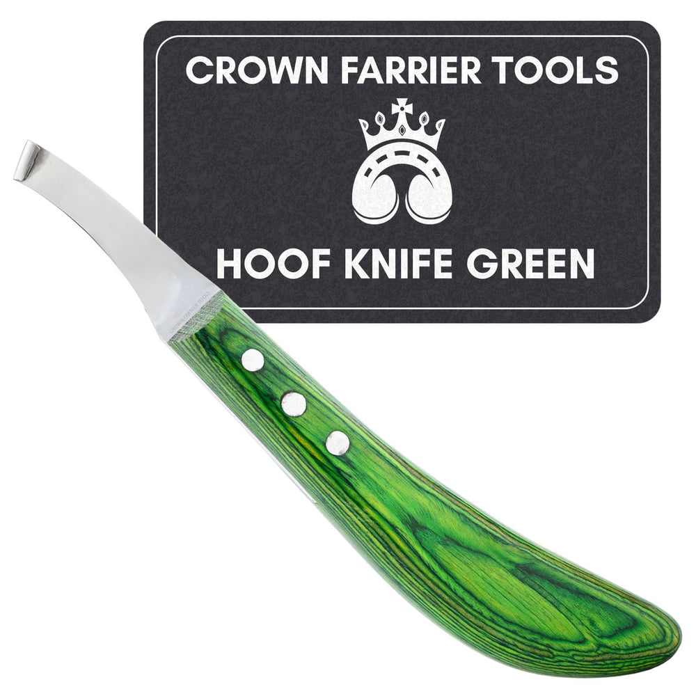 Crown Farrier Tools cuchillo cascos verde con mango de madera para recortes precisos.