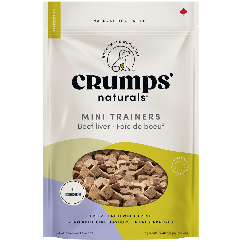 Crumps’ Naturals hígado de res liofilizado en empaque de 50 g para entrenamiento.