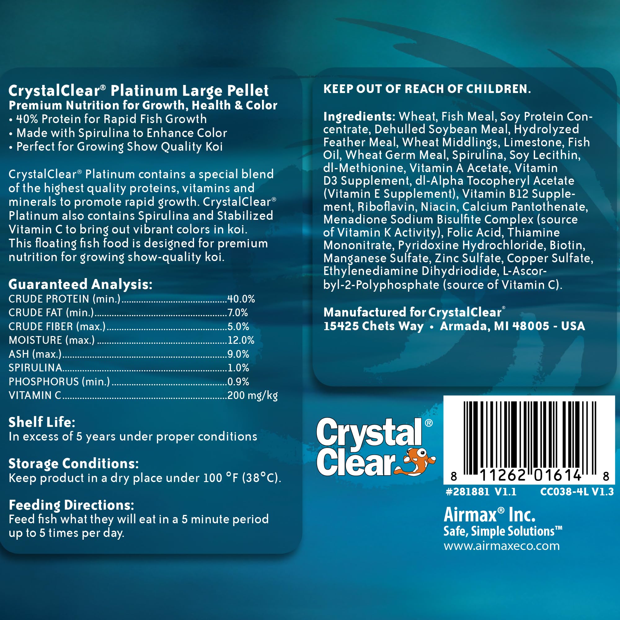 CrystalClear Platinum: granulos 5mm para peces grandes, alimentacion eficiente.