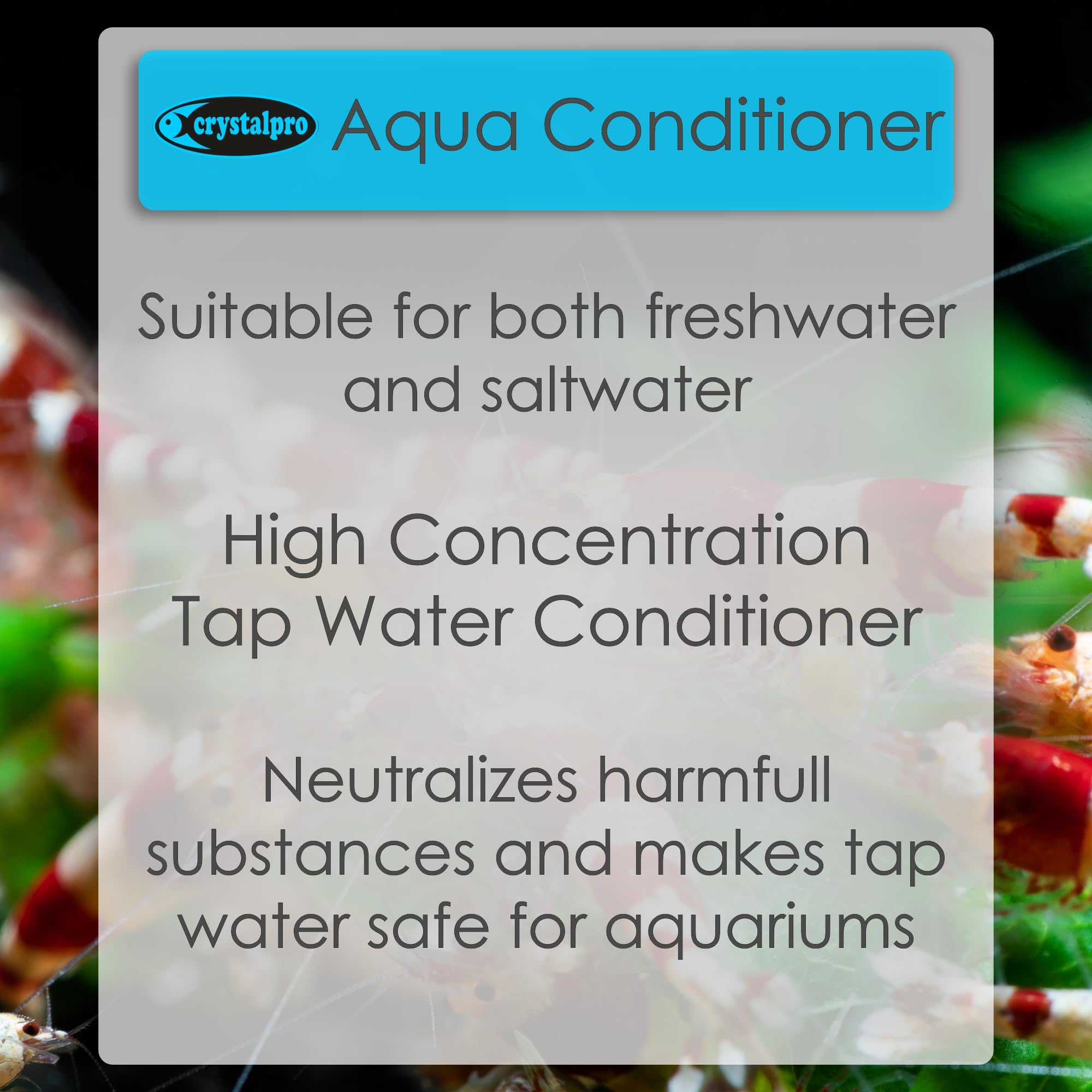 Crystalpro acondicionador de agua, etiqueta clara para uso seguro en acuarios.