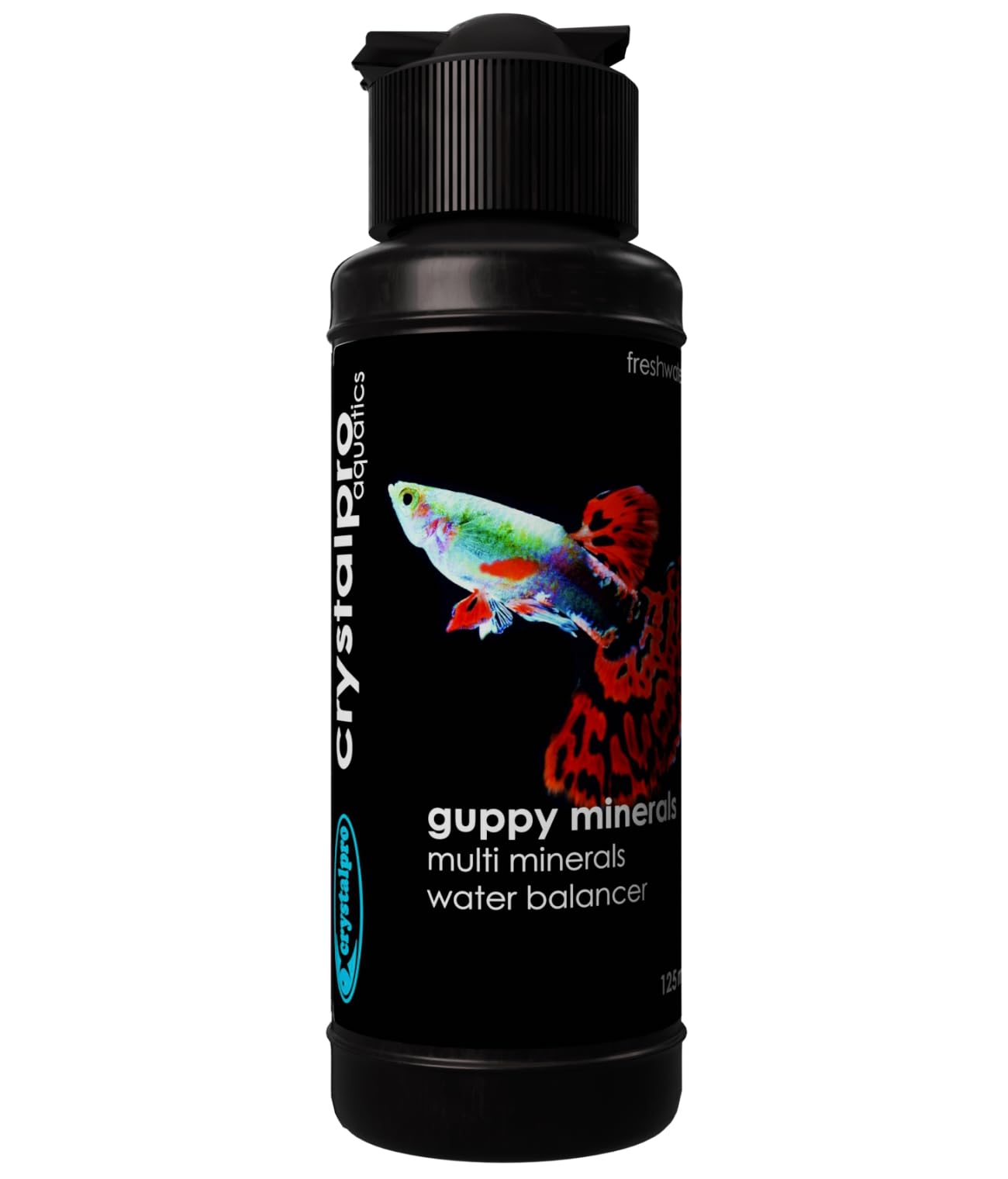 Frasco Crystalpro Guppy Minerals con etiqueta, listo para dosificar en acuarios.