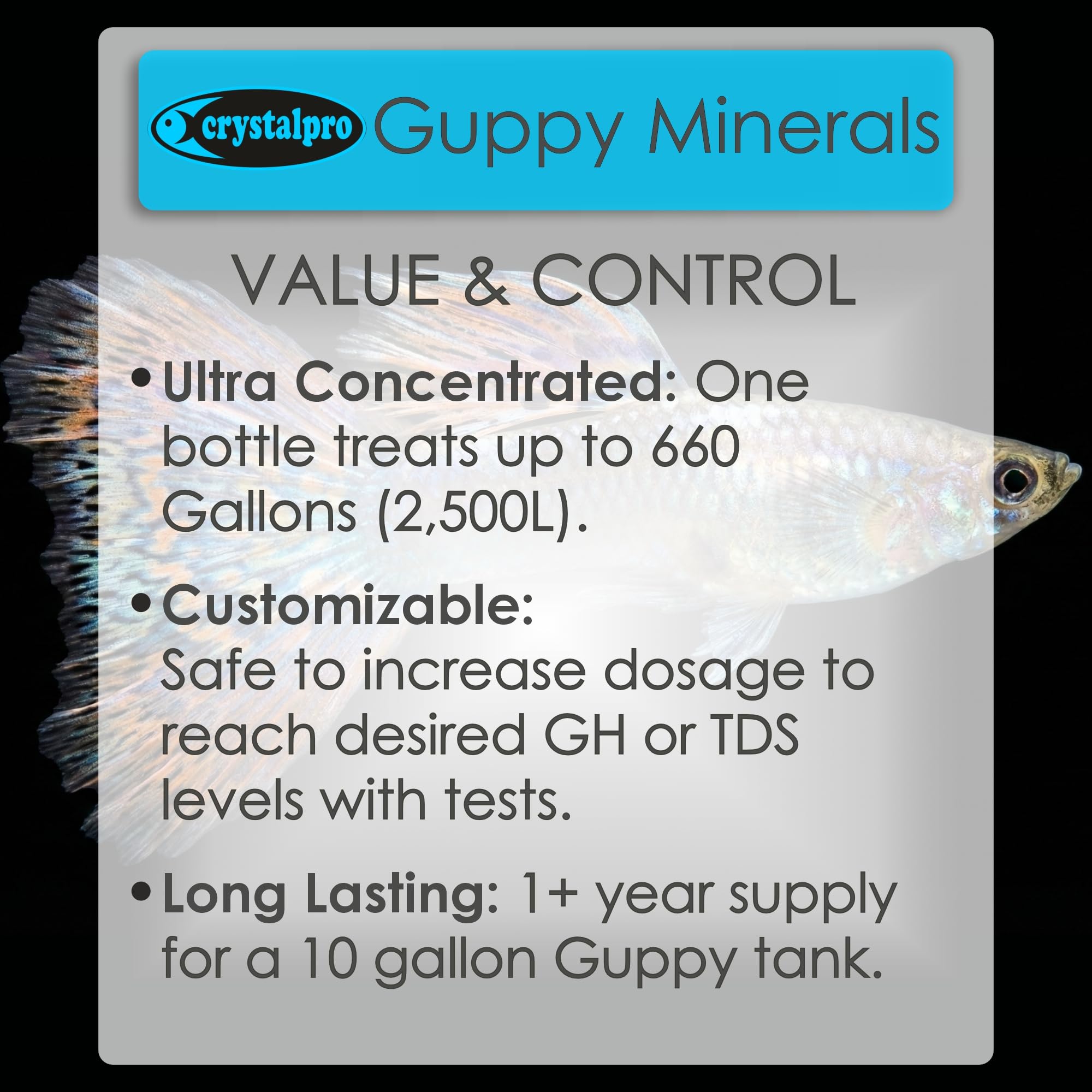 Crystalpro Guppy Minerals aporta calcio y magnesio al agua.