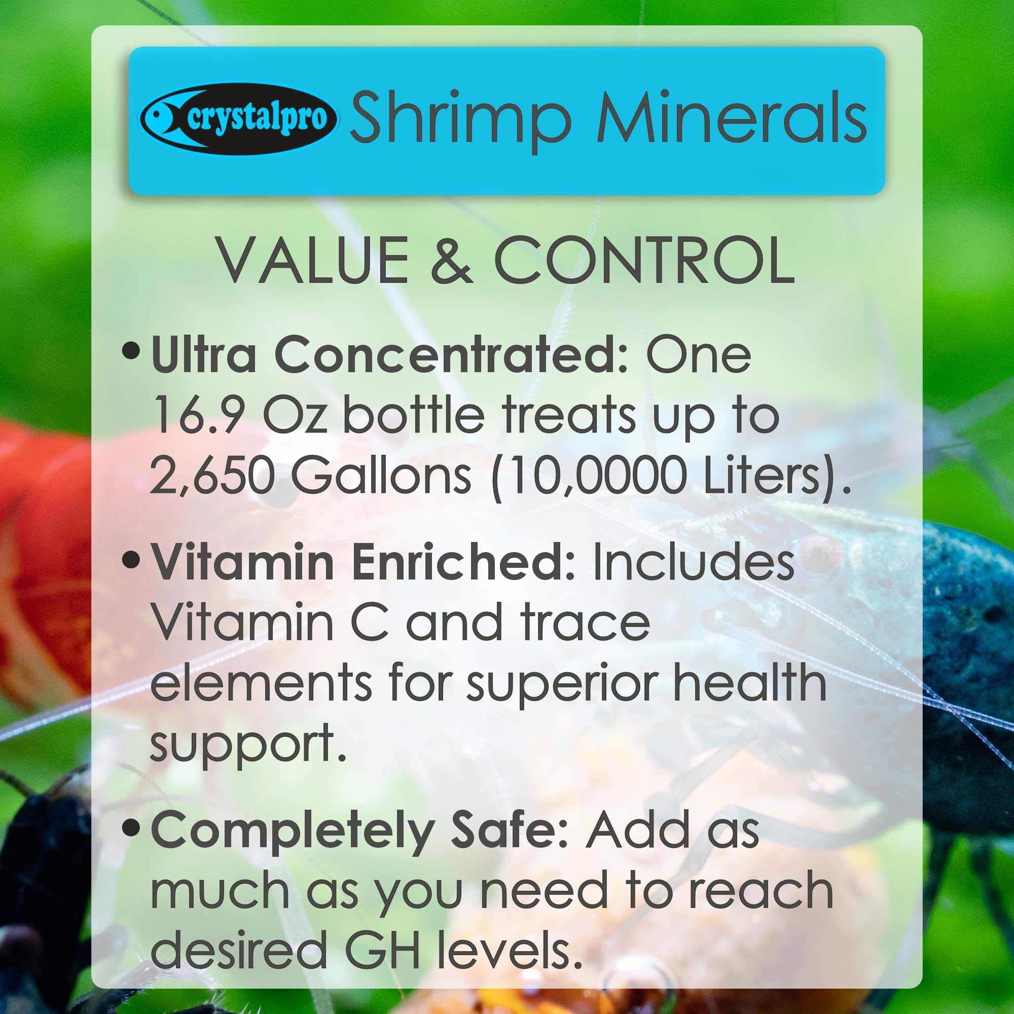 Crystalpro Minerales para Gambas, etiqueta frontal facilita uso seguro