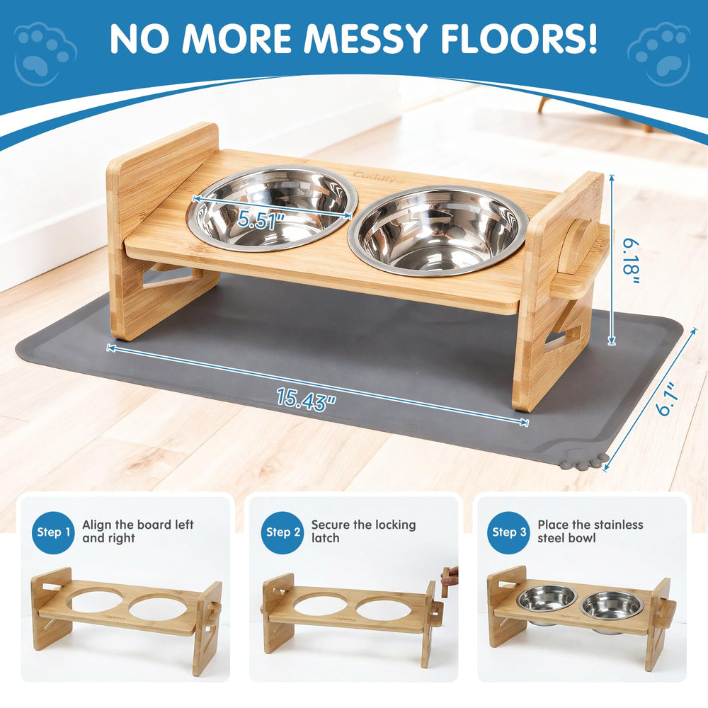 CuddlyCo bebedero elevado para gatos en bambú, altura ajustable para mayor comodidad.