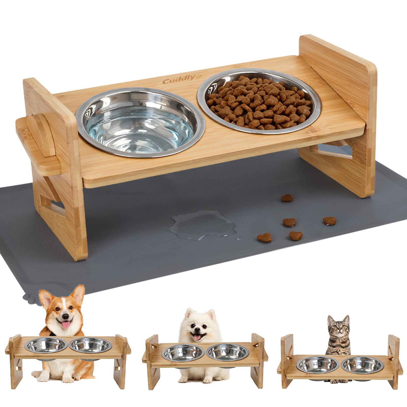 CuddlyCo bebedero elevado para perros pequeños en bambú, favorece una postura cómoda.