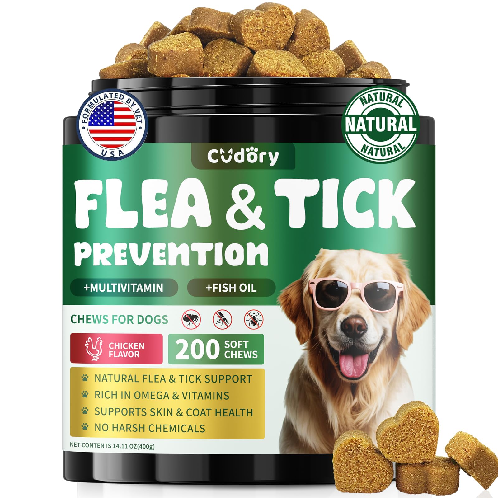 Cudory frasco pulgas y garrapatas para perros, enfoque en prevención suave.