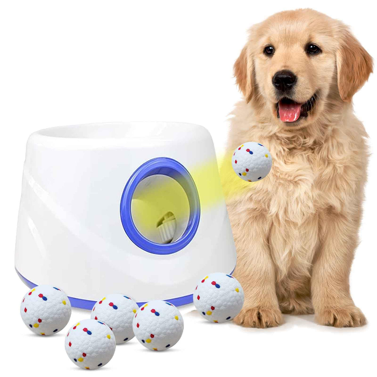 Cuelab lanzador de pelota para perros, vista frontal, para juego activo al aire libre.