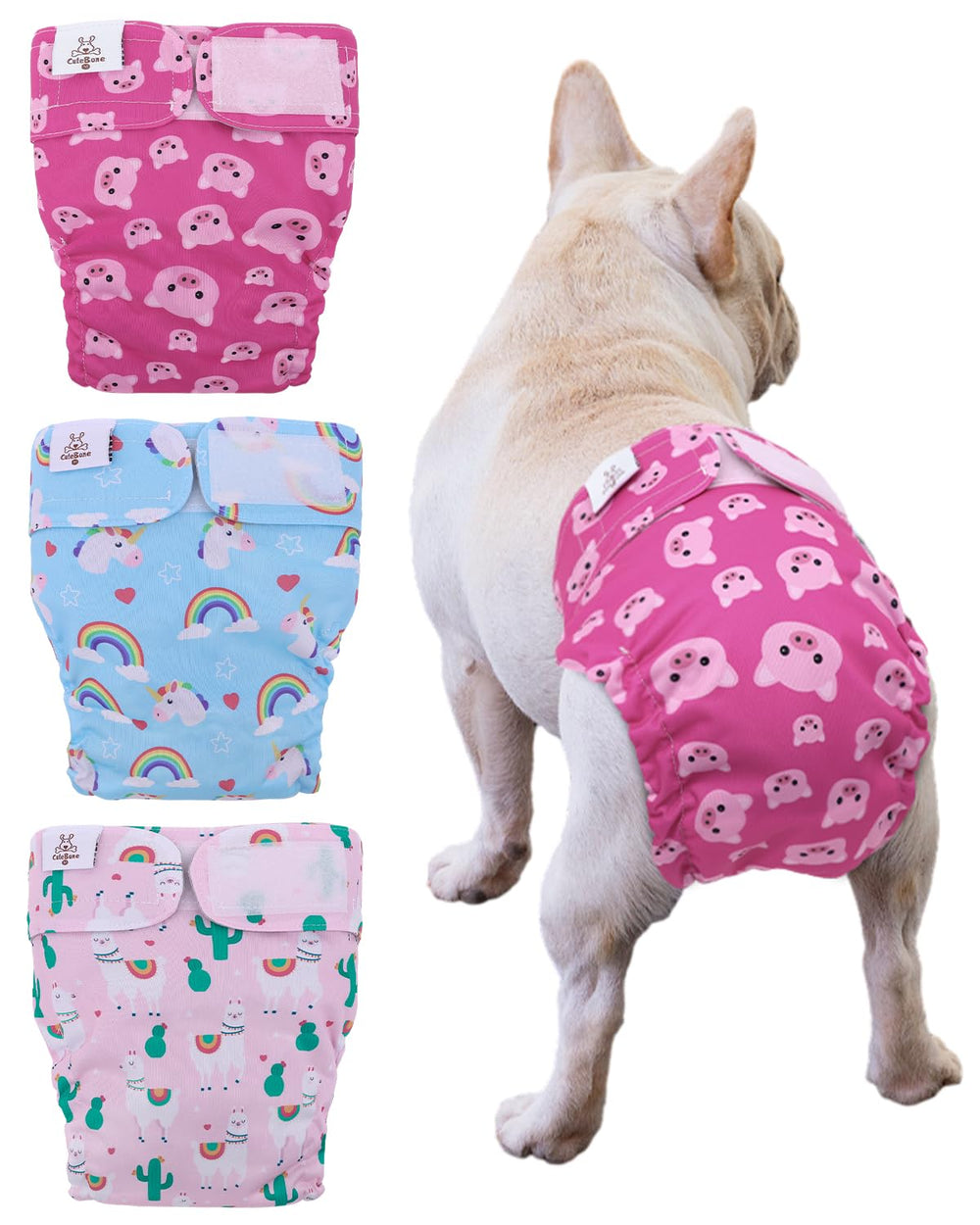 Pañales CuteBone para perros sin cola, ajuste cómodo y absorbente interior.