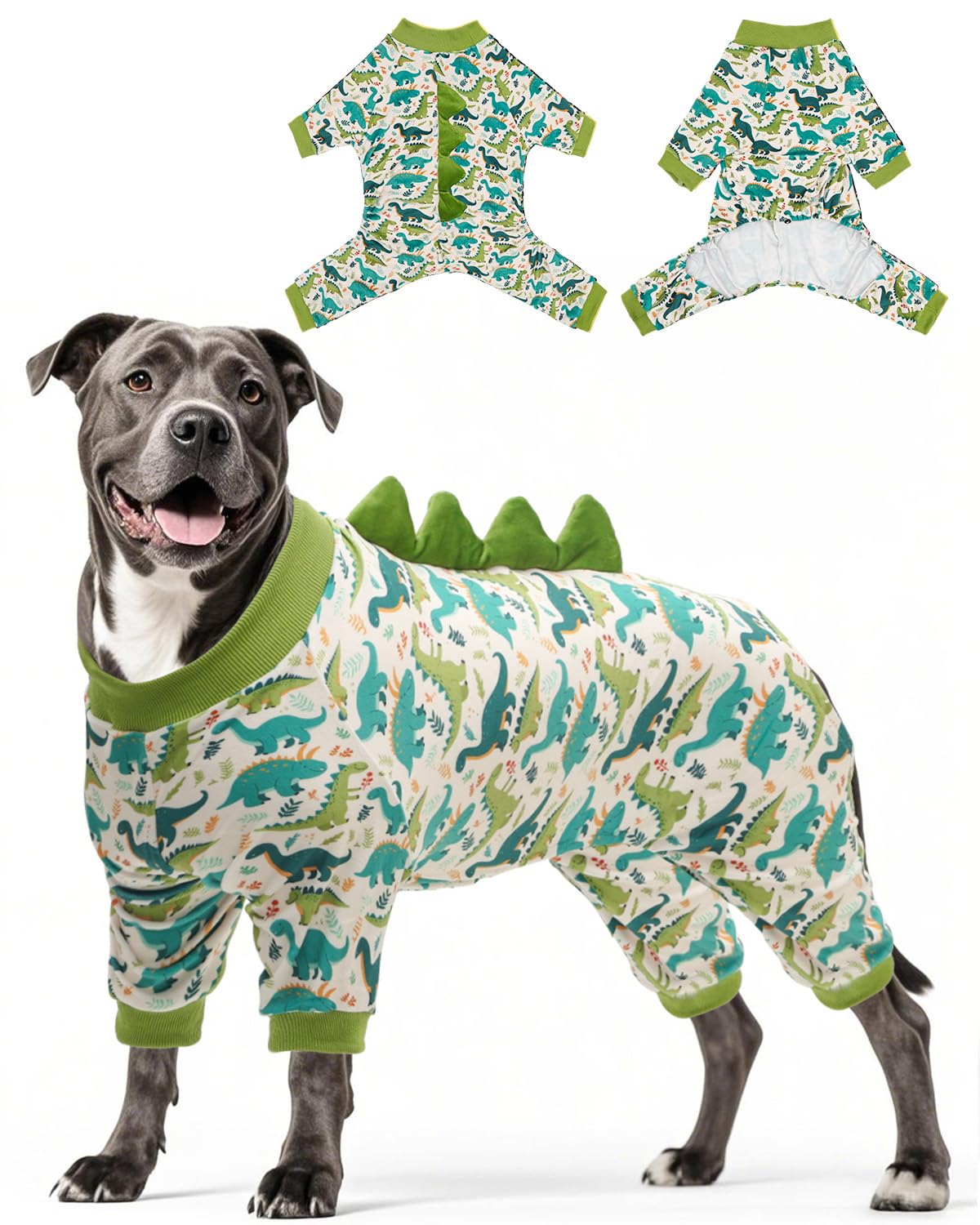 CuteBone Pijama Dinosaurio perro vista frontal, cómodo y cálido para paseos.