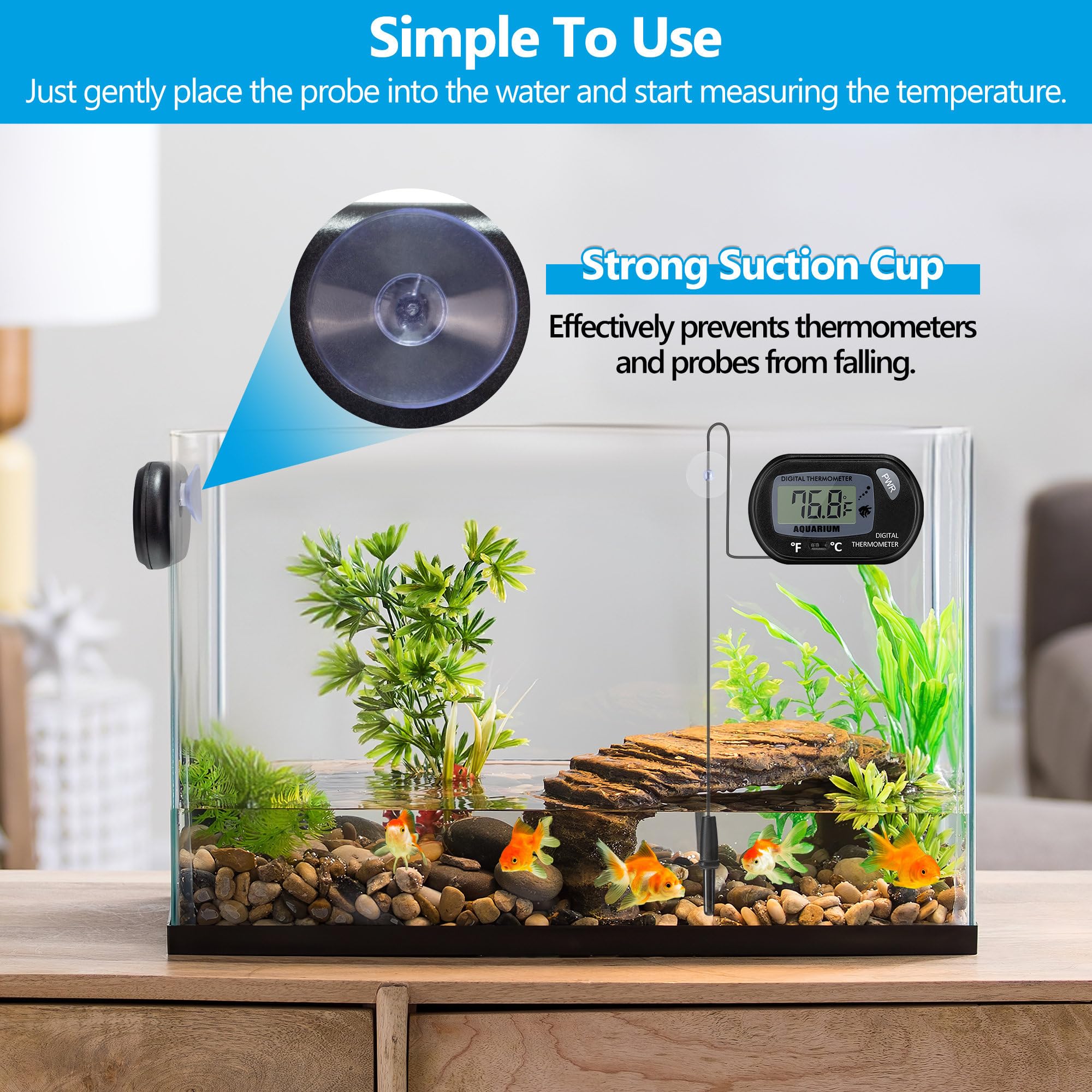 DaToo termómetro para acuario, instalación simple con ventosa segura en la pared del acuario.