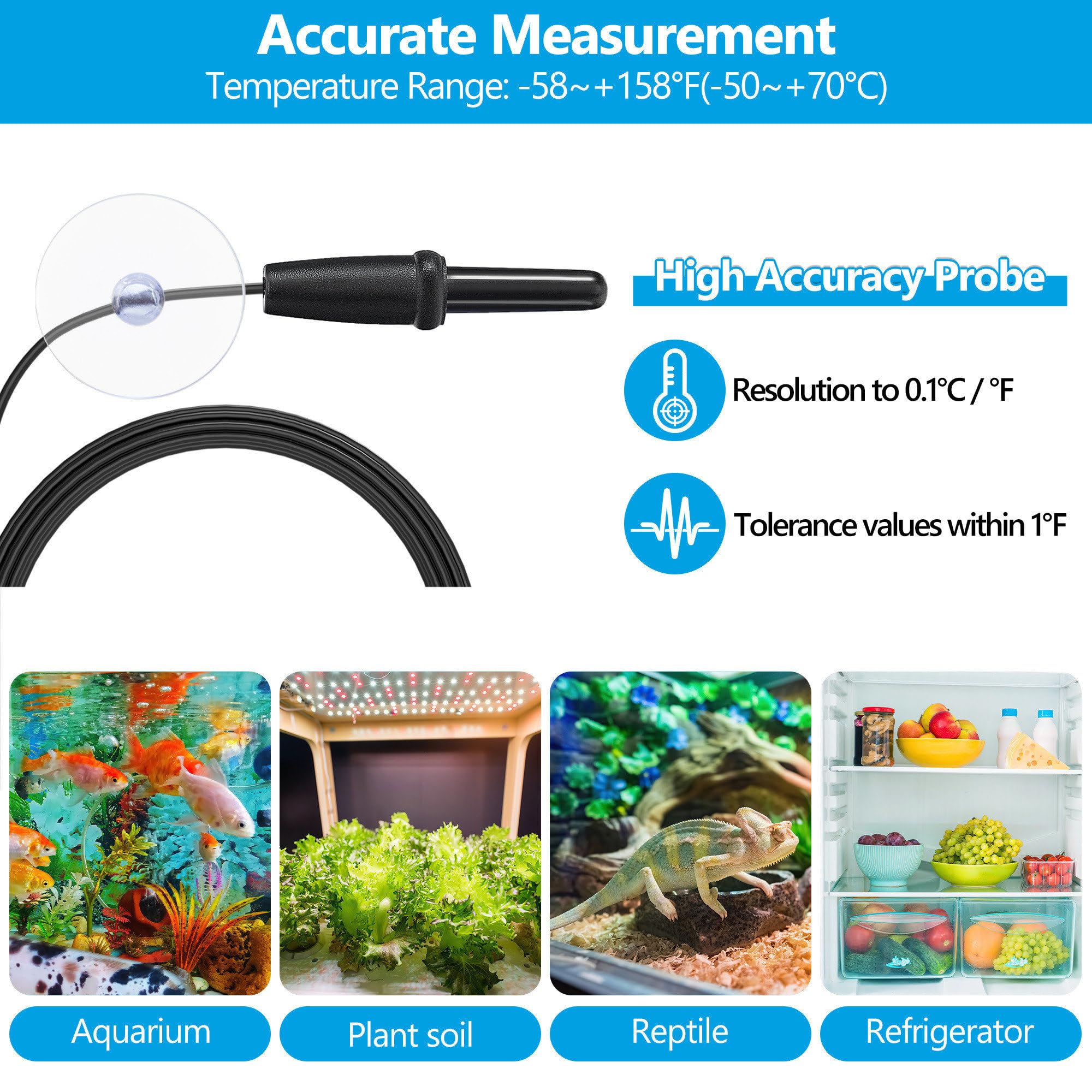 DaToo termómetro para acuario, sonda de acero inoxidable para medición estable.
