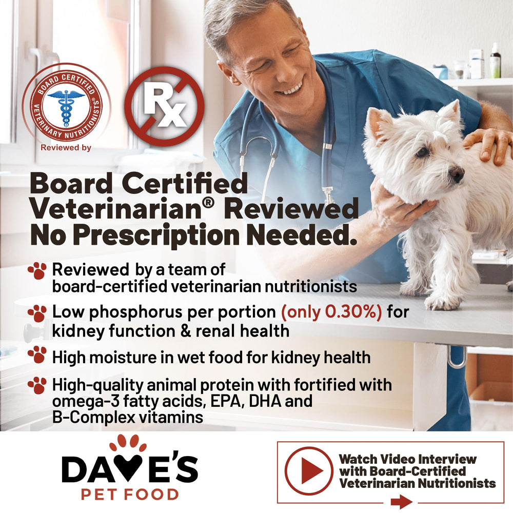 Dave's Pet Food estofado renal en lata con caldo sabroso.