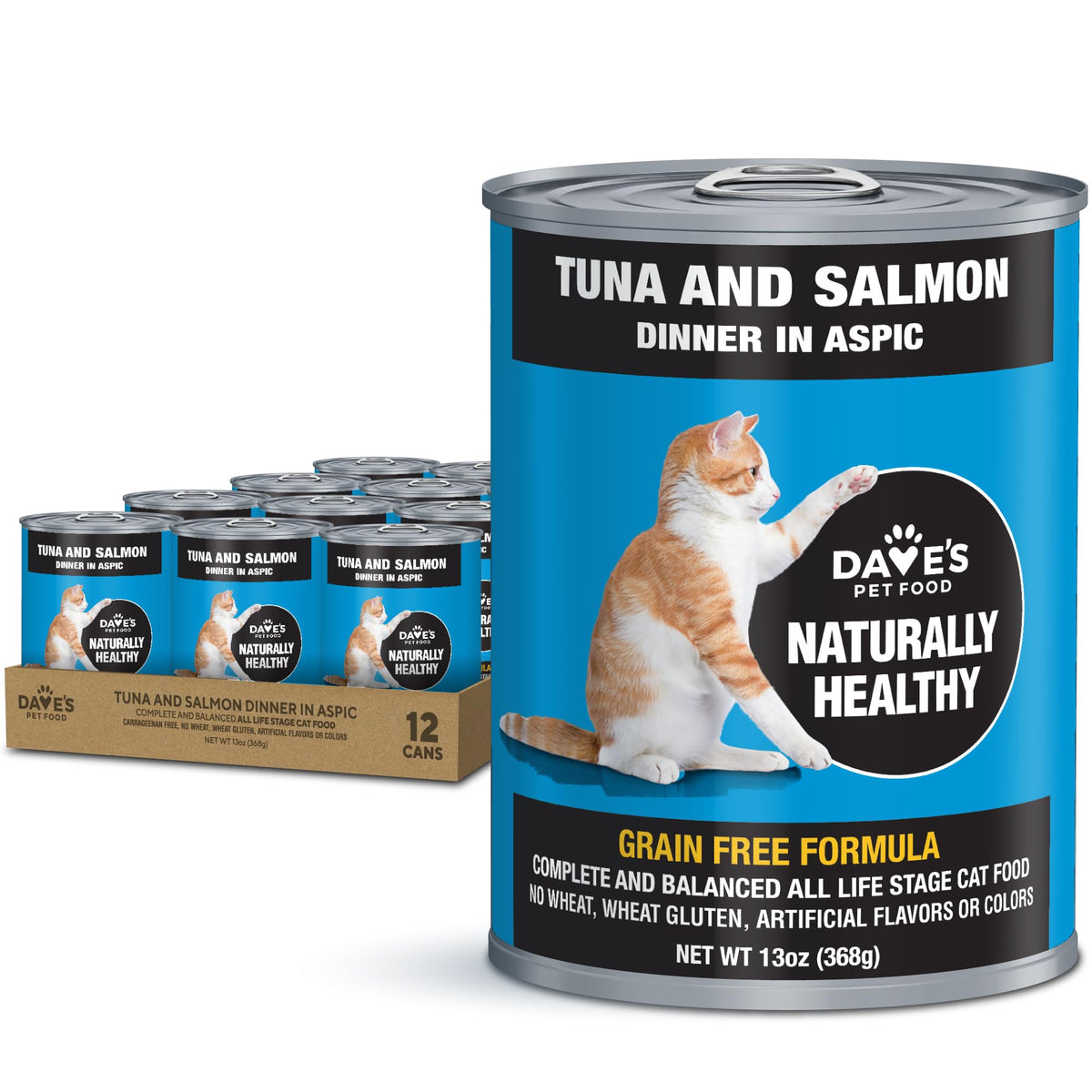 Dave's Pet Food lata para gatos con atún y salmón en aspic, alimento húmedo