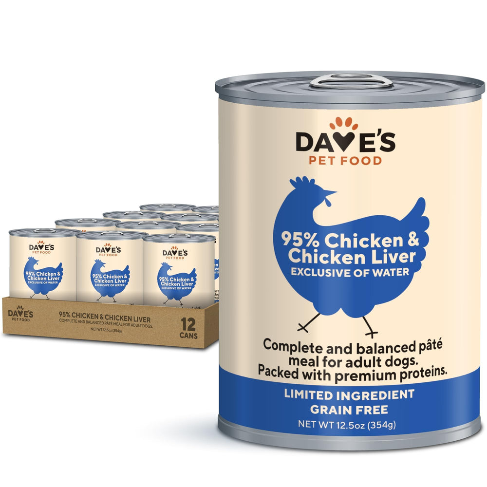 Dave's Pet Food lata 95% pollo y higado, opción sabrosa para perros sensibles.