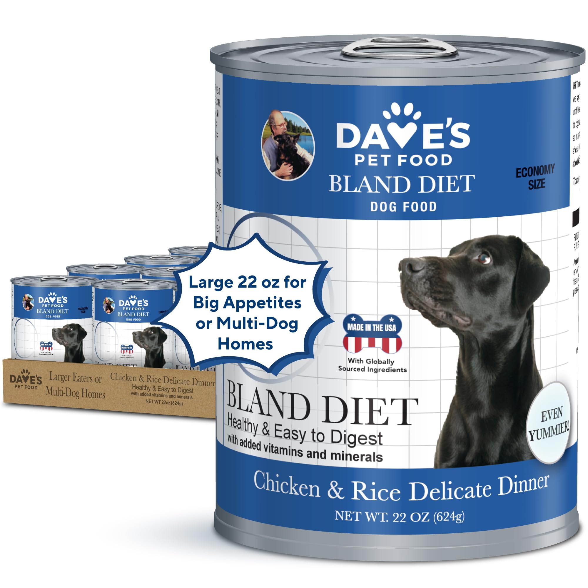 Dave's Pet Food – lata 22 oz, dieta suave de pollo y arroz para estómago sensible.
