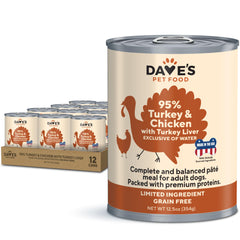 Dave's Pet Food lata humeda 95% pavo y pollo para perros con estómagos sensibles.