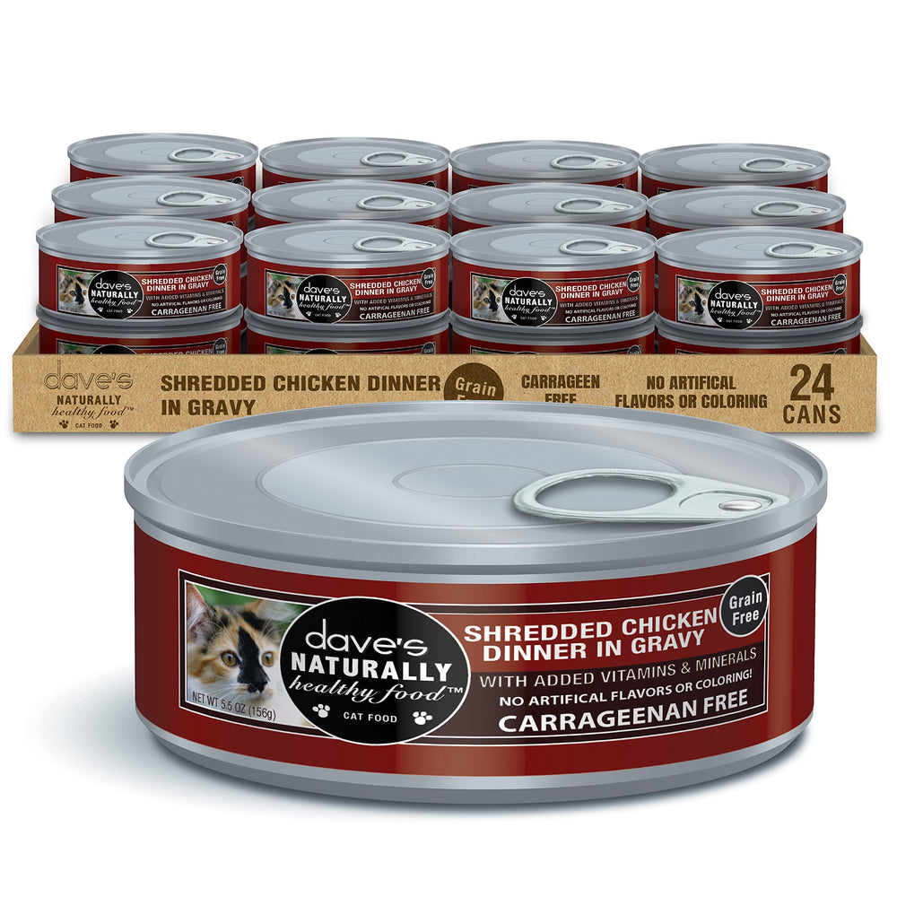 Dave's Pet Food: Lata de pollo desmenuzado en salsa, sabor delicioso para gatos activos.