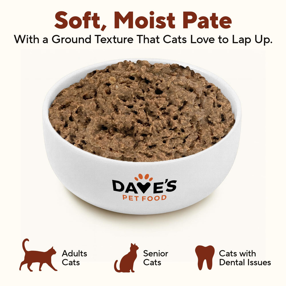 Dave's Pet Food Pate para gatos, ideal para porciones diarias.