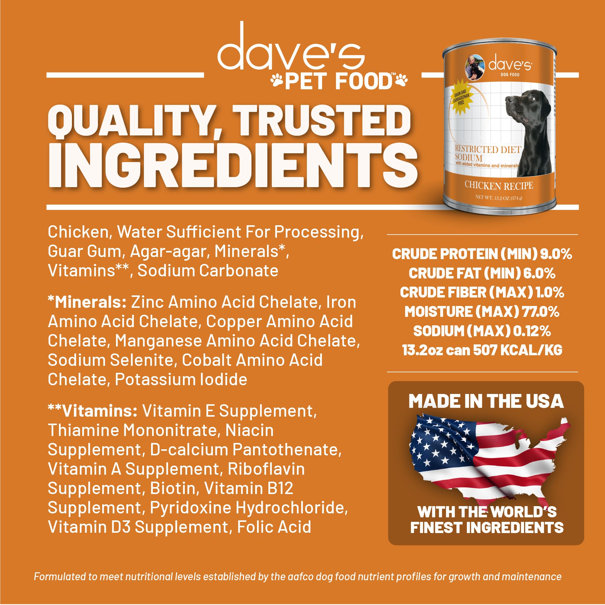 Dave's Pet Food: producido-en-eeuu-calidad, con vitaminas y minerales.