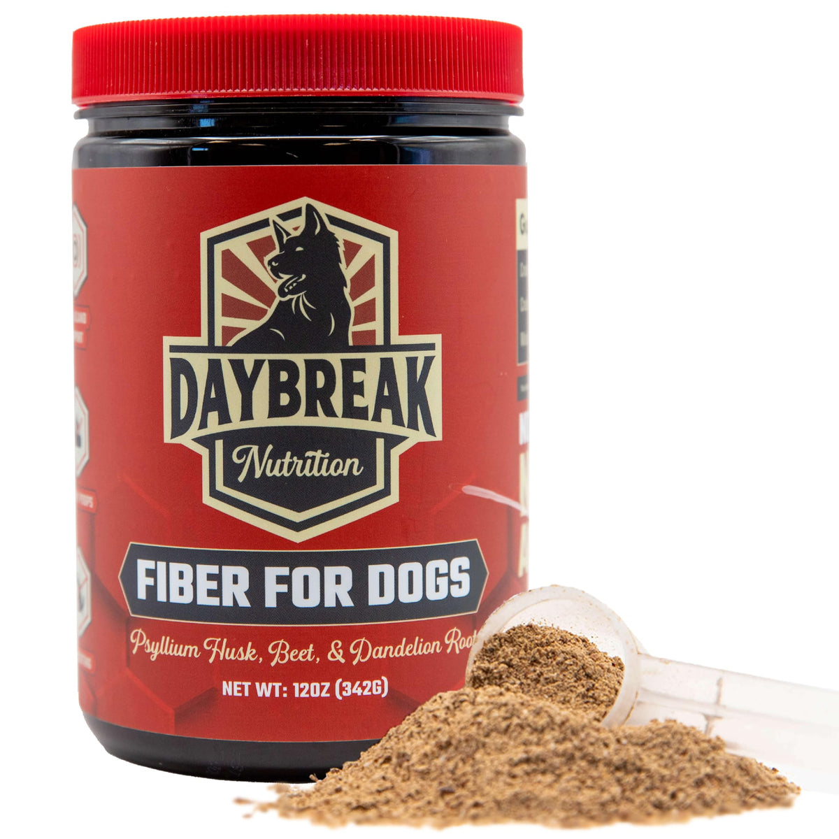 Daybreak Nutrition Fibra para Perros, envase frente, enfoque en digestión equilibrada