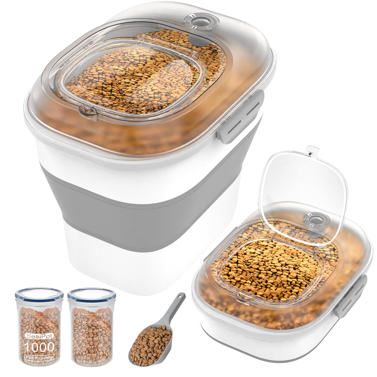 DDMOMMY contenedor para mascotas con tapa transparente mostrando el nivel de alimento