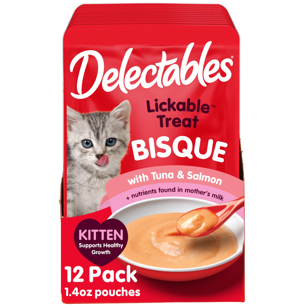 Delectables bisque para gatito con pollo y verduras, delicioso premio con hidratación.