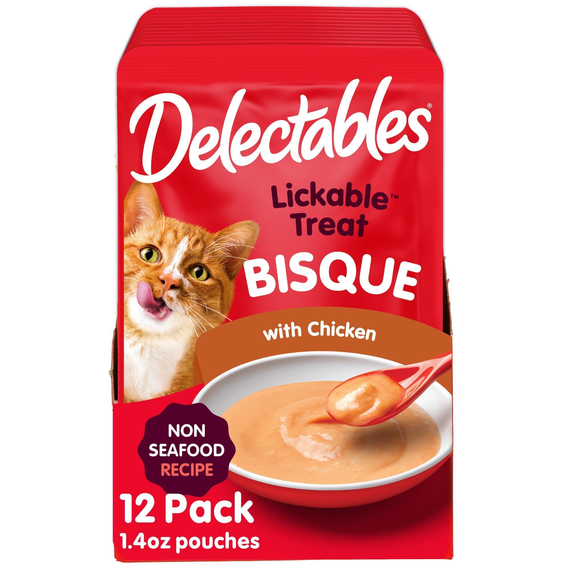 Delectables bisque para gatos, textura cremosa, ideal como complemento sabroso