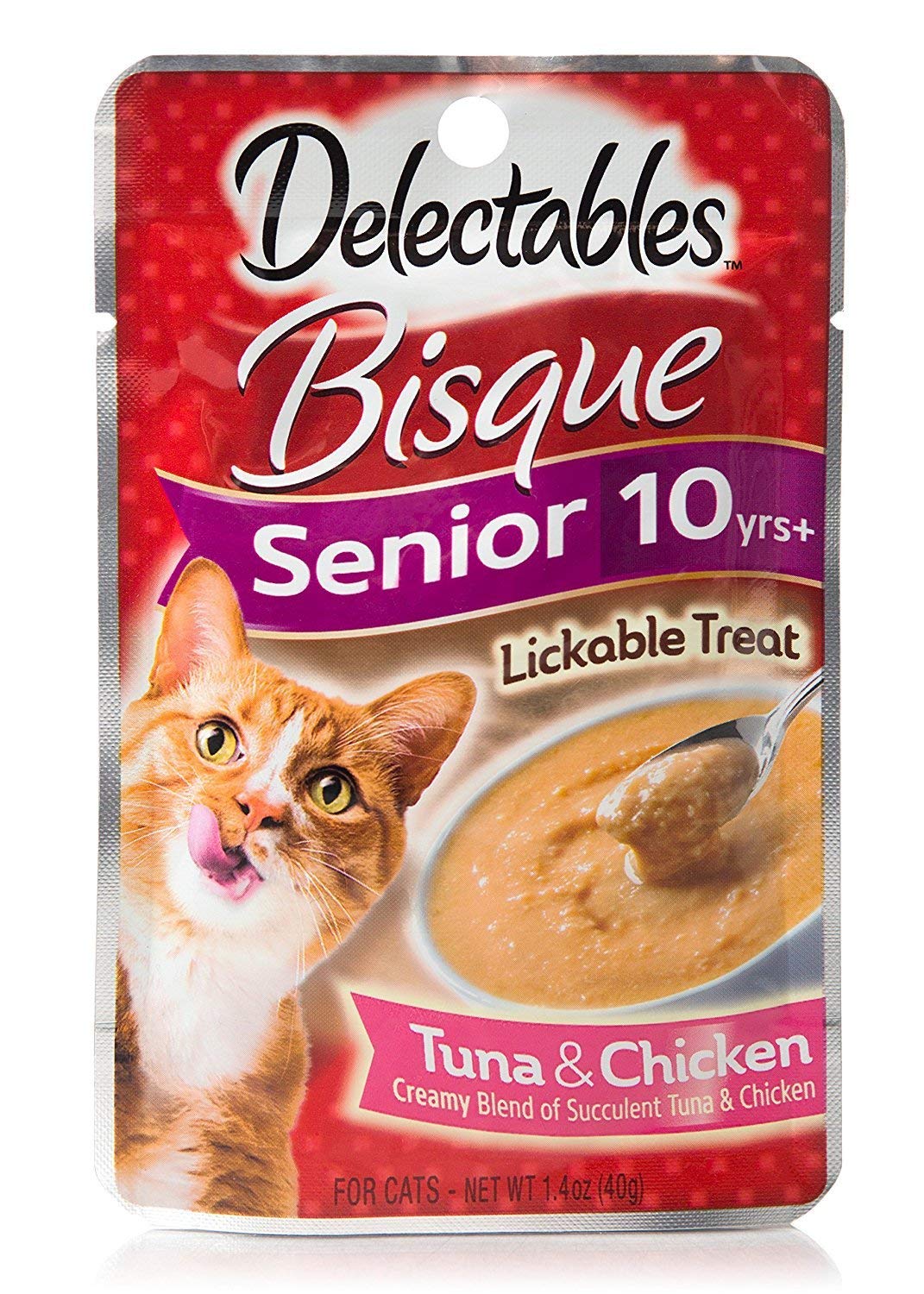 Delectables empaque para gatos mayores, muestra porciones individuales para premiar.