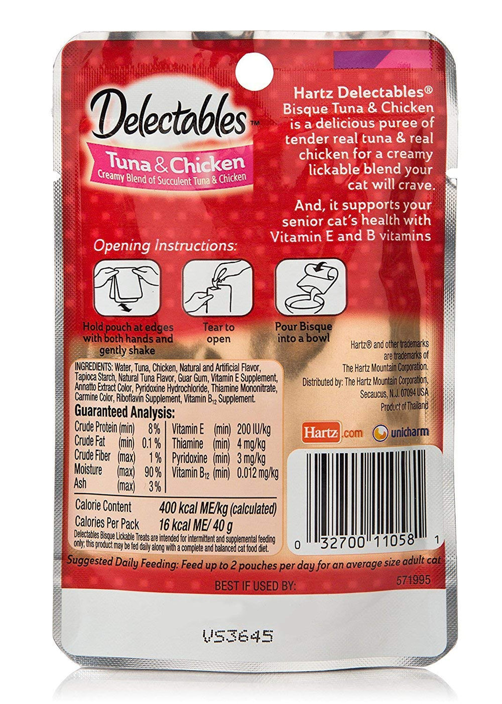 Delectables premio diario para gatos mayores, presentación conveniente en bolsita individual.