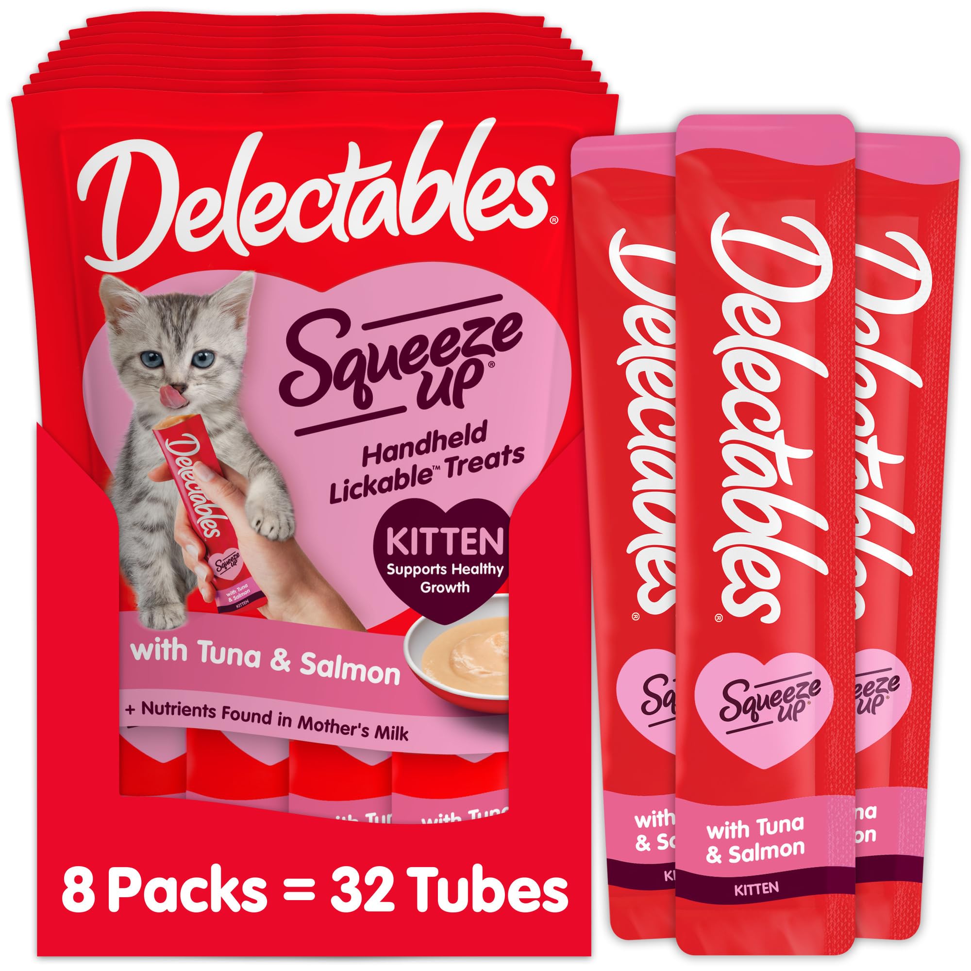 Delectables Squeeze Up gatito: puré cremoso de atún y salmón para alimentación interactiva.