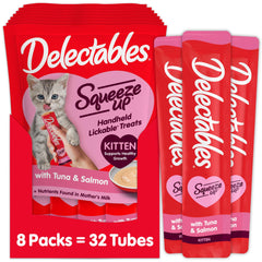 Delectables Squeeze Up gatito: puré cremoso de atún y salmón para alimentación interactiva.