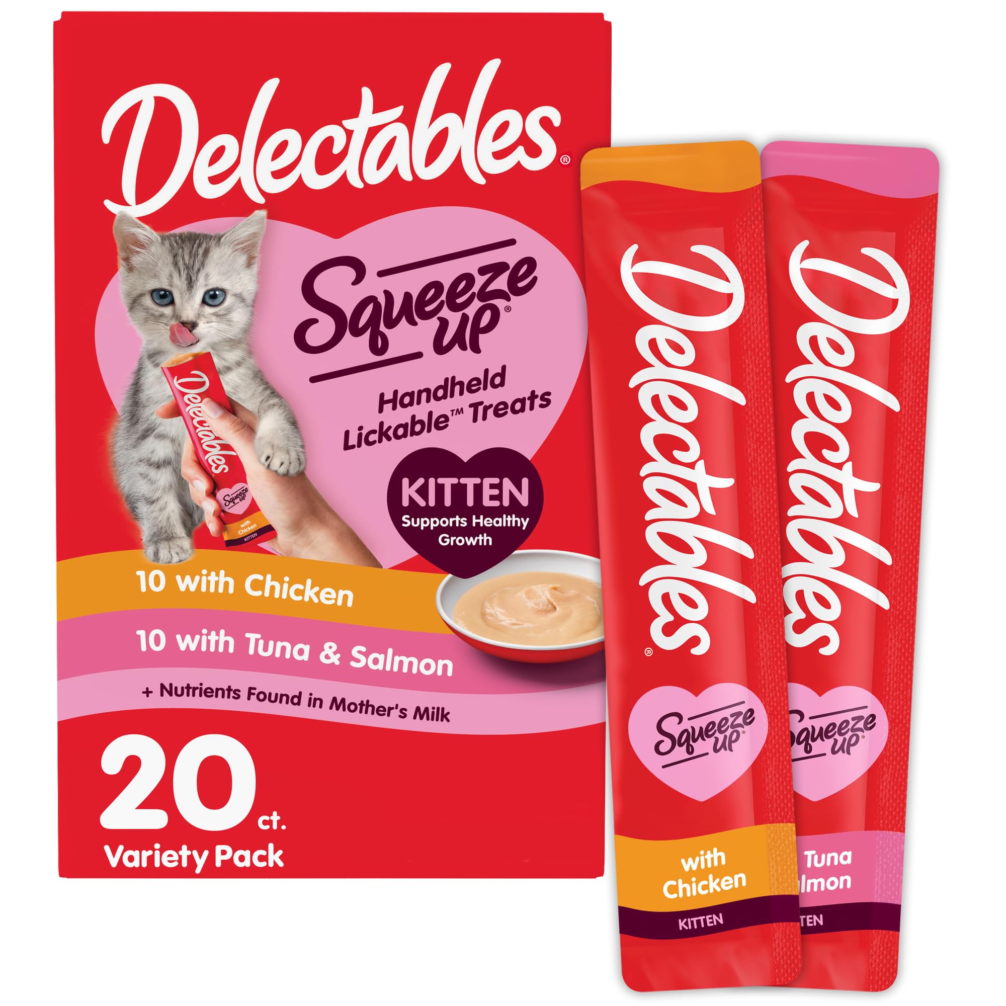 Delectables Squeeze Up gatitos, puré cremoso para premiar y socializar.