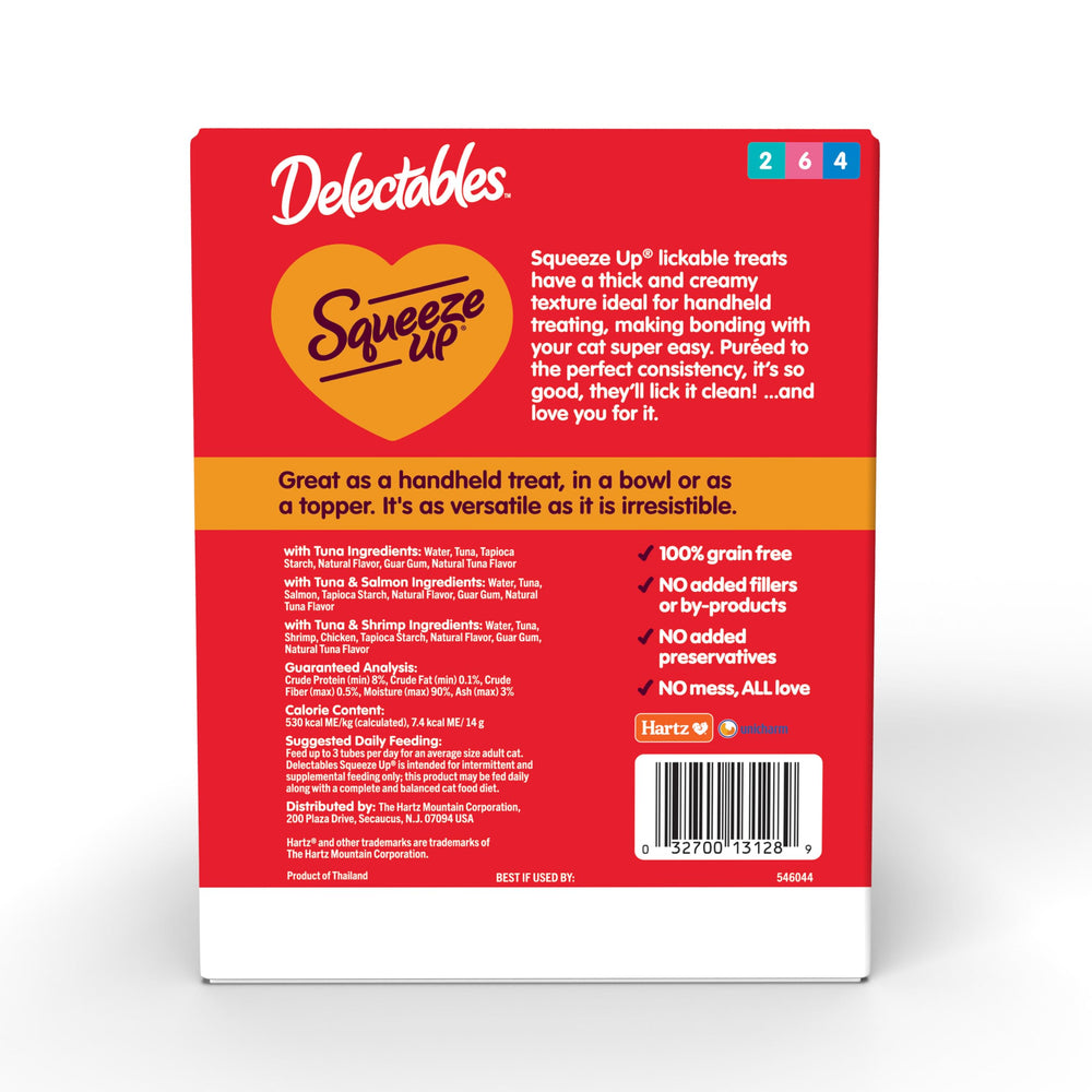 Presentación de 0,5 oz Delectables Squeeze Up, snack conveniente para gatos.