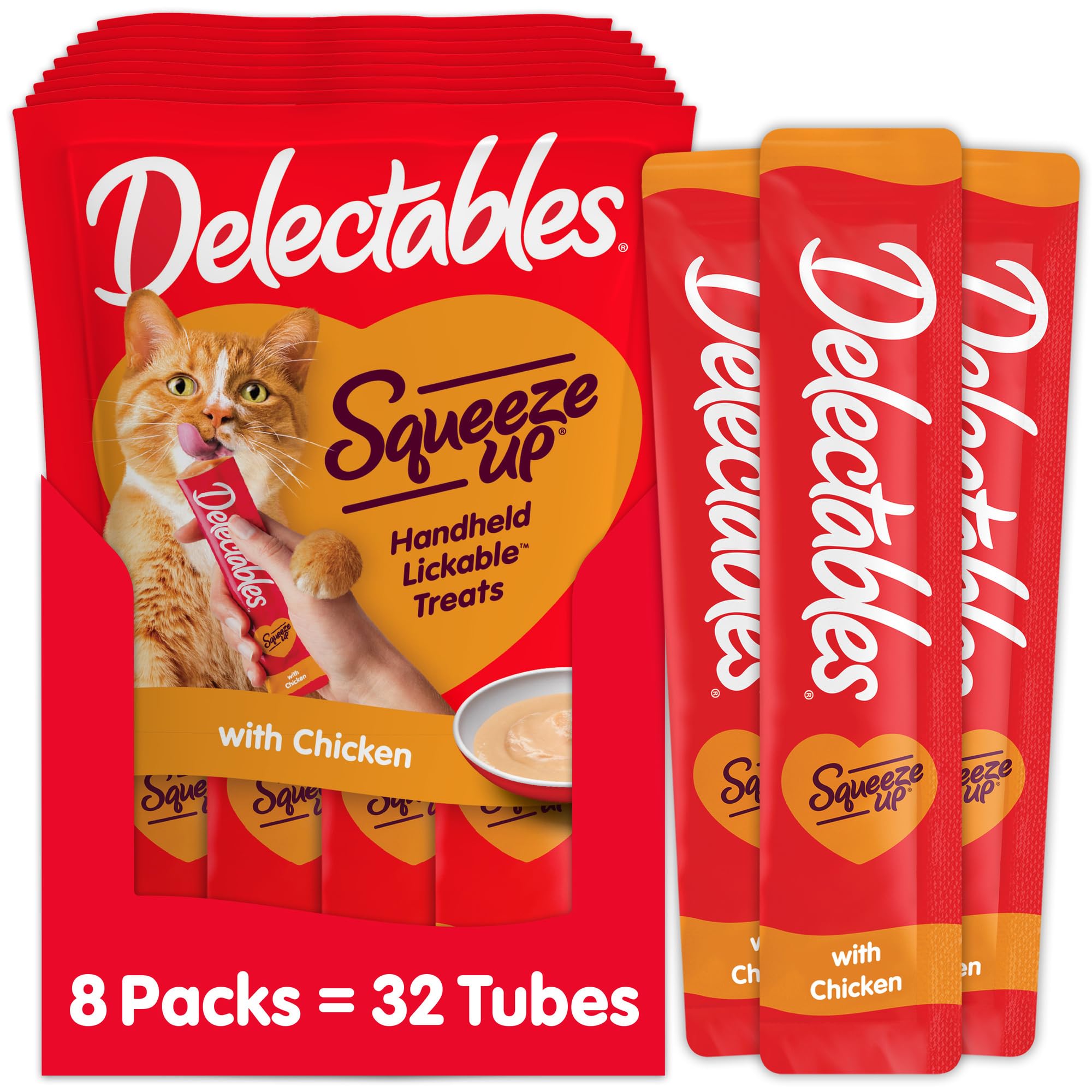 Delectables Squeeze Up: puré cremoso en tubo para premiar y apoyar la hidratación del gato.
