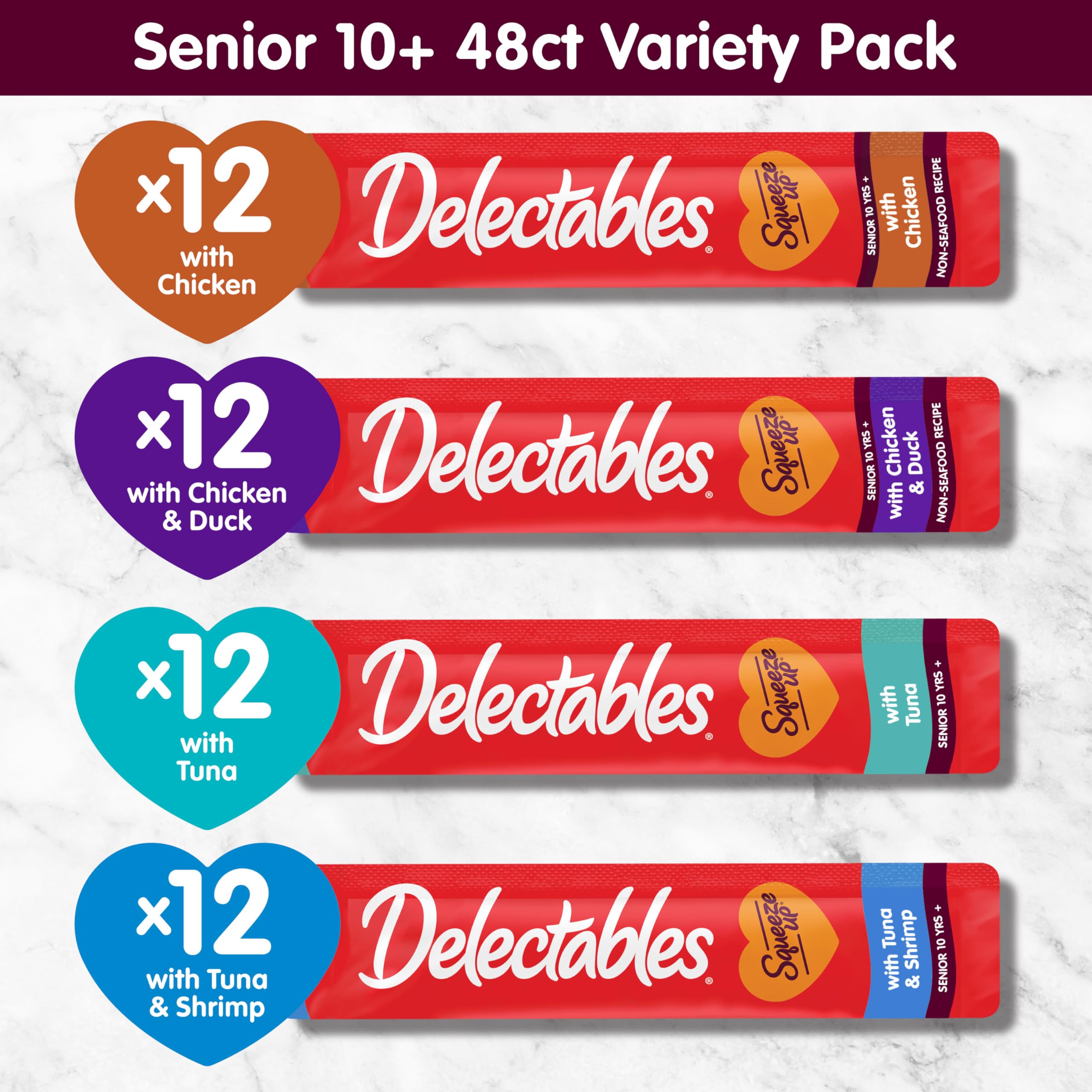 Delectables Squeeze Up Senior 10+ ingredientes de alta calidad para la salud del gato.