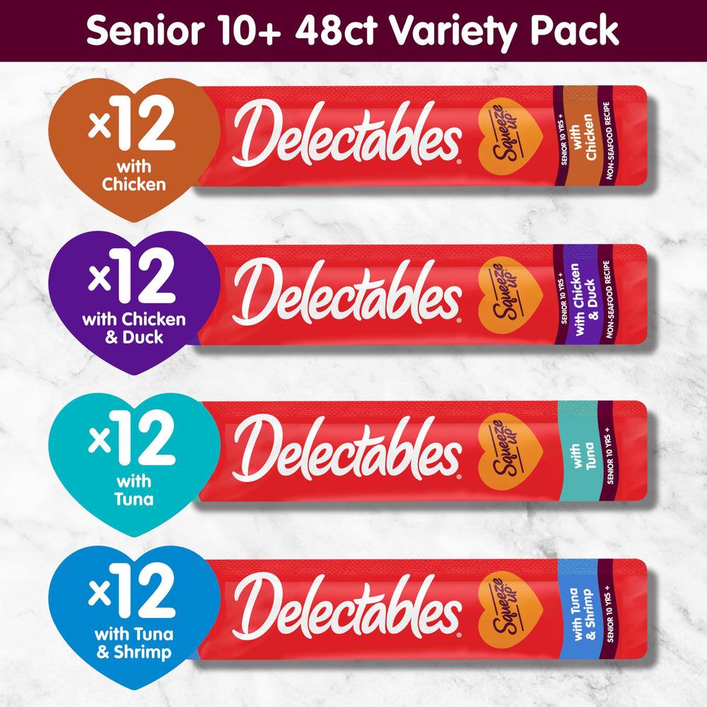 Delectables Squeeze Up Senior 10+ ingredientes de alta calidad para la salud del gato.